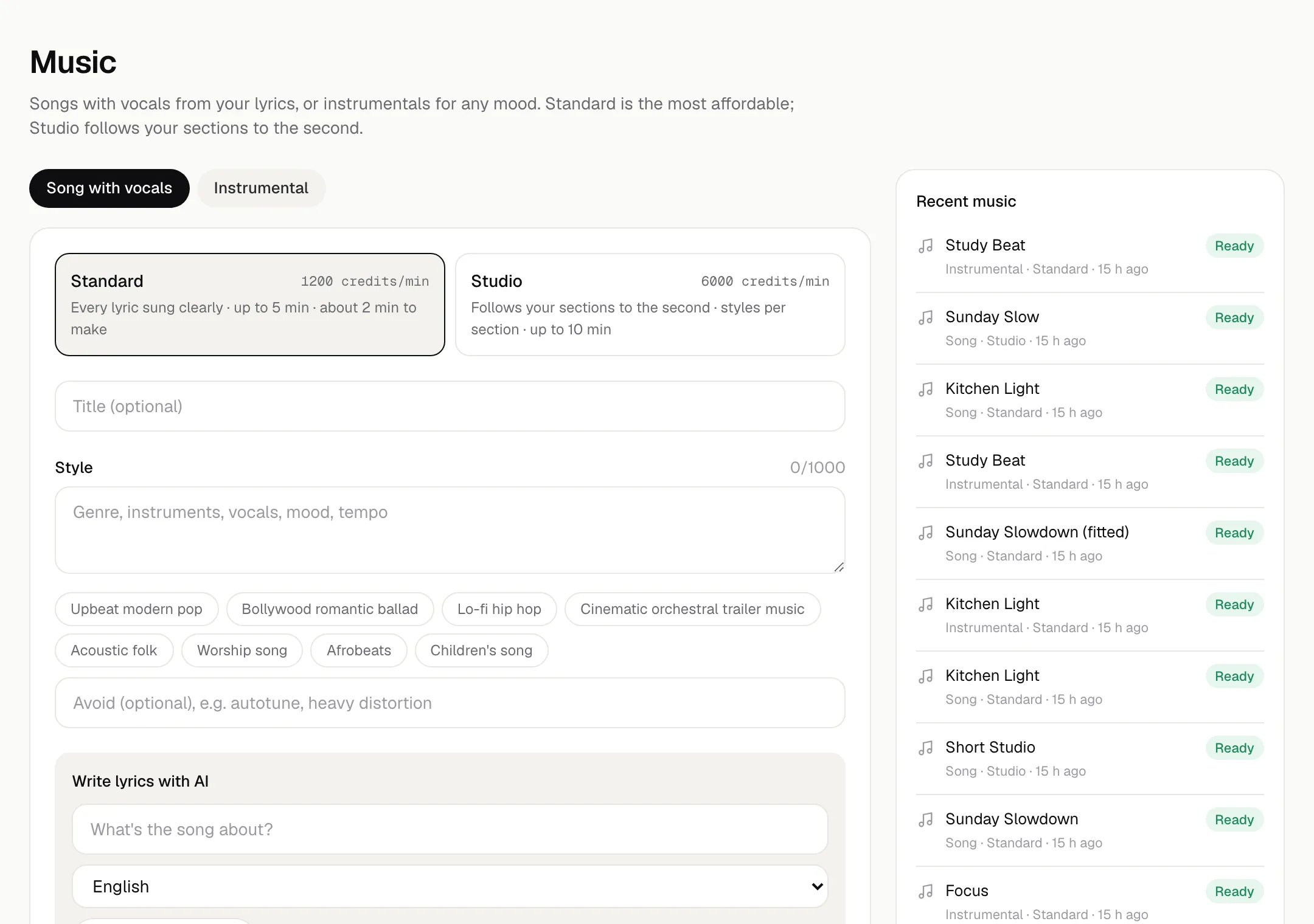 The Music page: song with vocals or instrumental, Standard or Studio, style examples and Write lyrics with AI.
