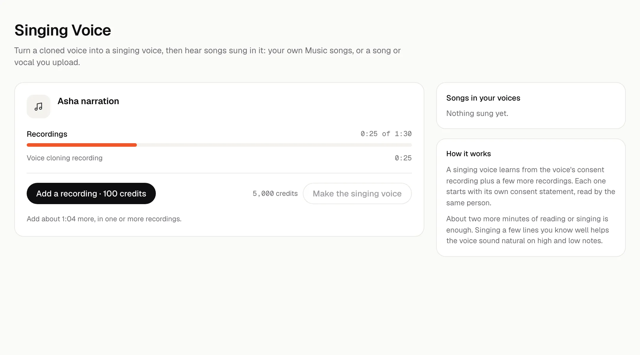 The Singing Voice page: a cloned voice with its recordings, the time recorded so far out of 1 minute 30 seconds, and an explanation of how it works.