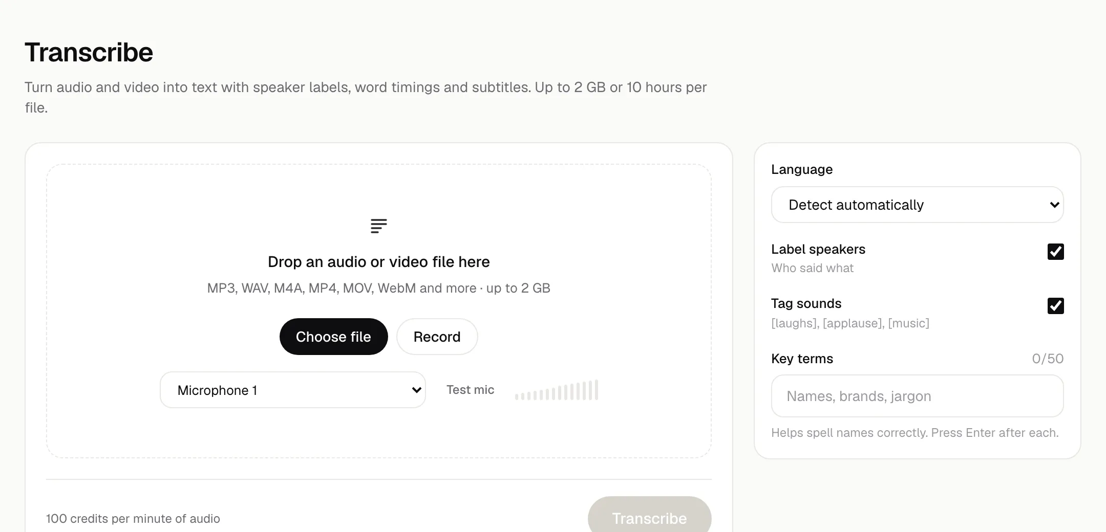 The Transcribe page: drop or record a file, choose a language, label speakers, tag sounds and add key terms.